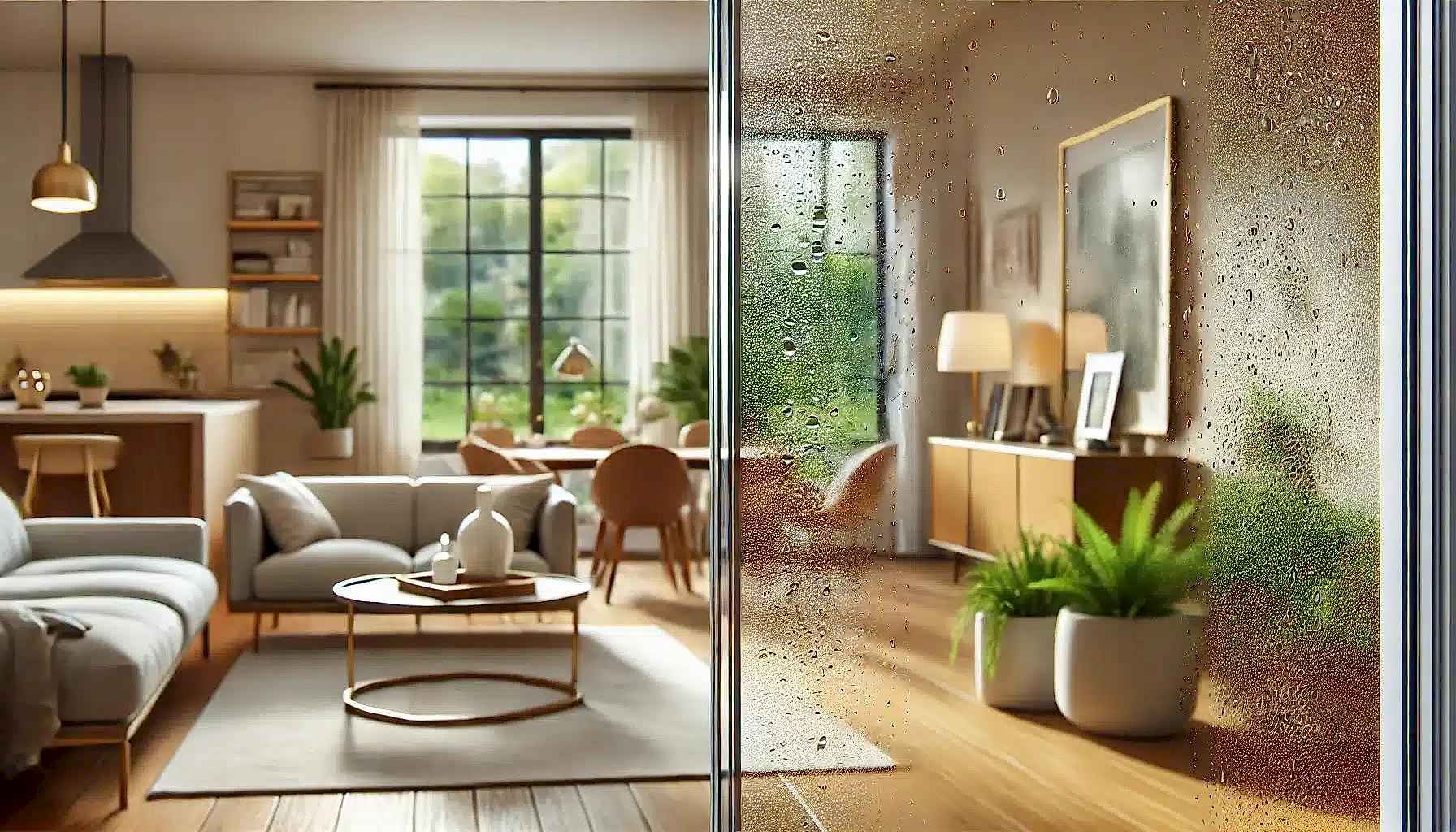 condensation-free glass surface in the foreground.